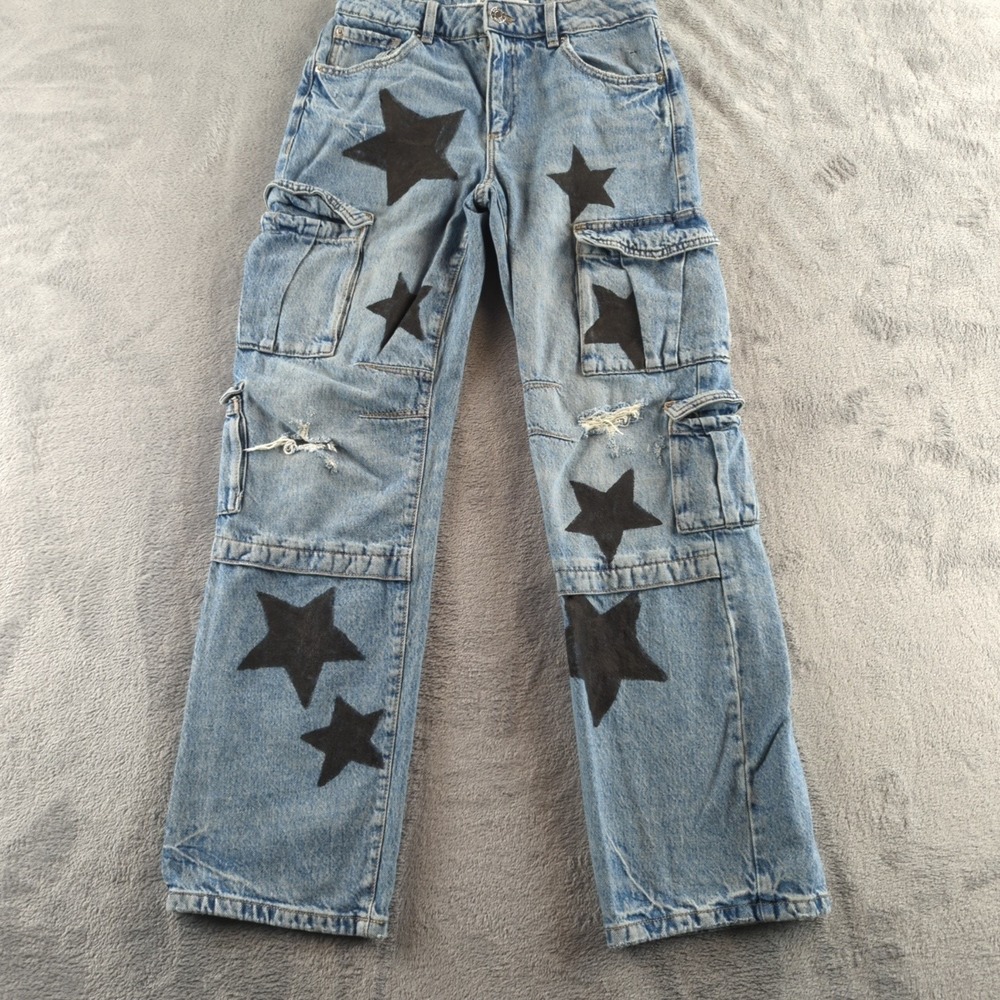 Garage Denim Pants Womens Small Blue Slouchy Star Print Cargo Distressed‎ Jeans